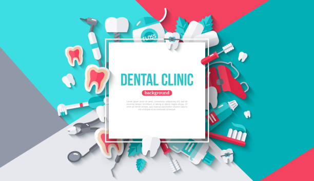 Dental card with square frame Dental card with square frame. Vector illustration. Dentistry and tooth care flat icons with shadow on colorful modern geometric background. Place for your text. dental office stock illustrations