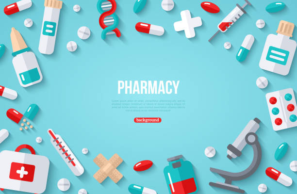 Pharmacy Banner With Flat Icon Pharmacy Banner With Flat Icons on Blue Background. Vector illustration. Medical Frame. Drugs and Pills, Lab Tests, Medication Concept. Place for your text dna borders stock illustrations