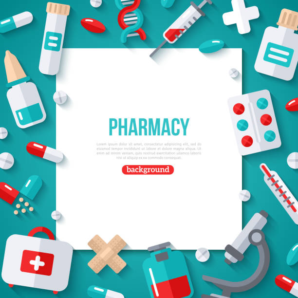 ilustrações de stock, clip art, desenhos animados e ícones de pharmacy banner flat icons - perscription capsule frame pill