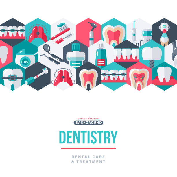 Dentistry tooth care banner Dentistry tooth care creative banner. Vector illustration. Dental icons in hexagons, border on white background. Healthy Clean Teeth. Dentist Tools and Equipment. aligners icon stock illustrations