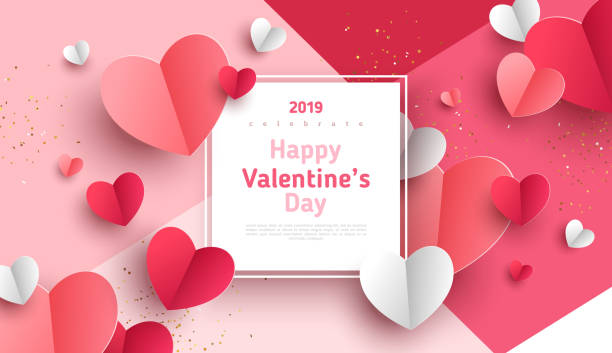 Paper hearts with frame Valentine's day concept background. Vector illustration. 3d red and pink paper hearts with white square frame. Cute love sale banner or greeting card romantic styles stock illustrations