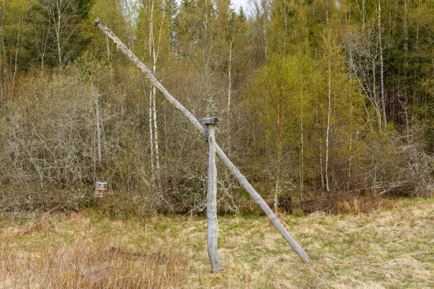 Shadoof water well on a meadow
