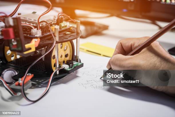 Teacher Learning Preparing In Stem Education Robotics For Creating Project Based Studying For Innovation Robot Model For Student In Computer Teachnology Classroom Stock Photo - Download Image Now