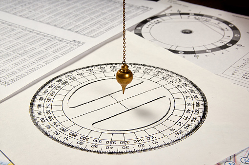 Astrological pendulum for tarot and astrological circle on the background of astrological sheets