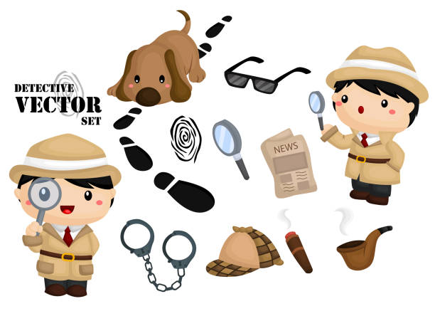 illustrazioni stock, clip art, cartoni animati e icone di tendenza di set di immagini detective - detective accessory