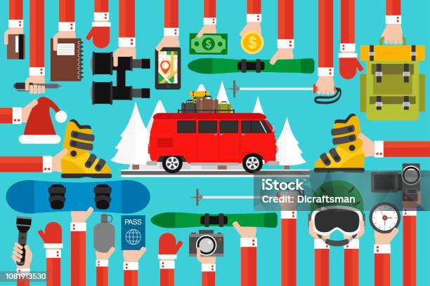 New Year Travel Flat With Red Travel Bus Stock Illustration - Download Image Now - Adventure, Backpack, Bus
