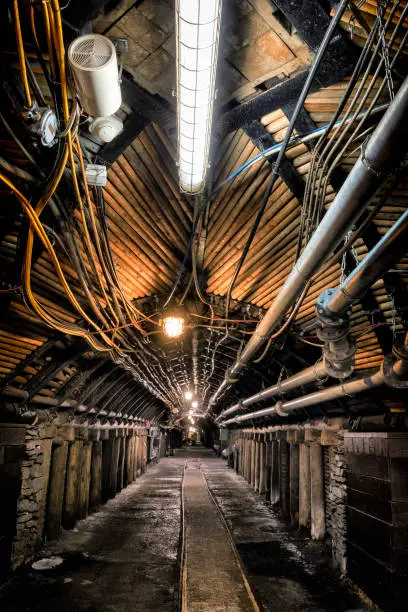 Coal mine underground corridor with steel support system and electrical equipment, Bochum, Germany