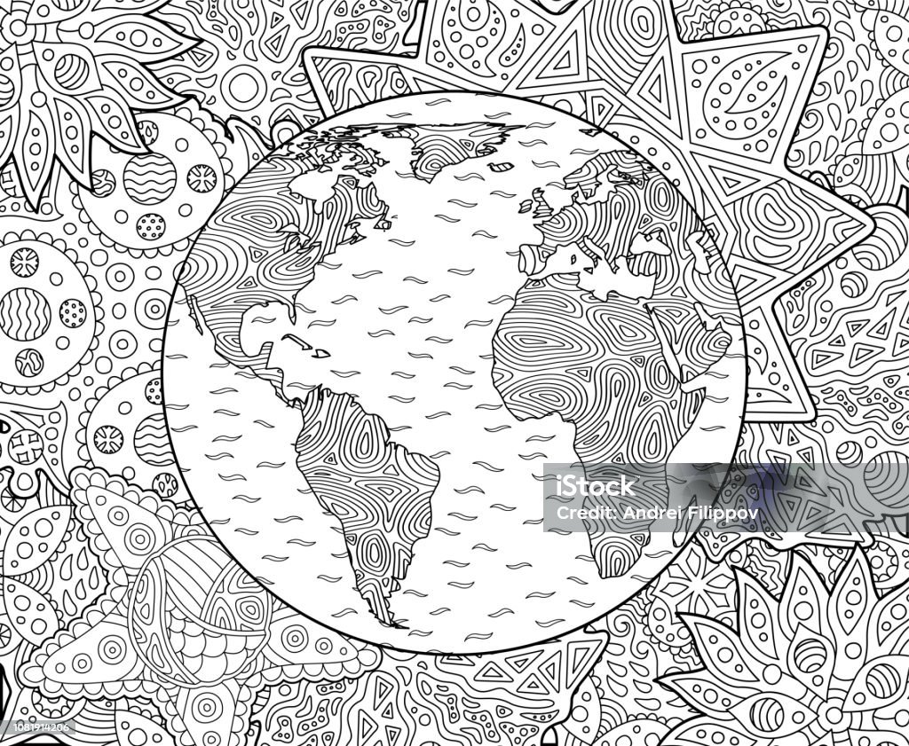 Adult coloring book page with planet earth Beautiful adult coloring book page with stylized planet earth Coloring Book Page - Illlustration Technique stock vector