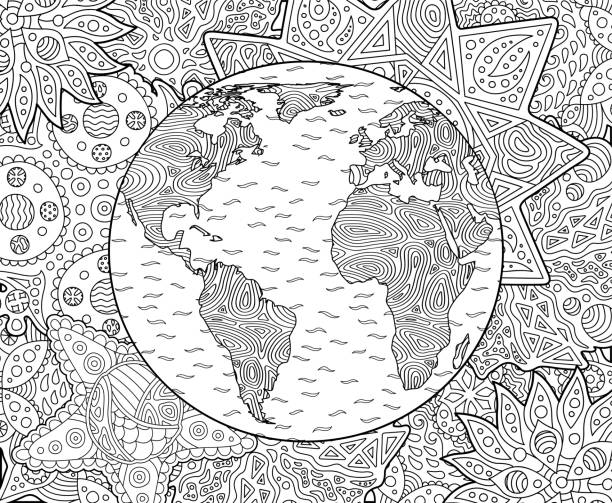 Adult coloring book page with planet earth Beautiful adult coloring book page with stylized planet earth coloring illustrations stock illustrations