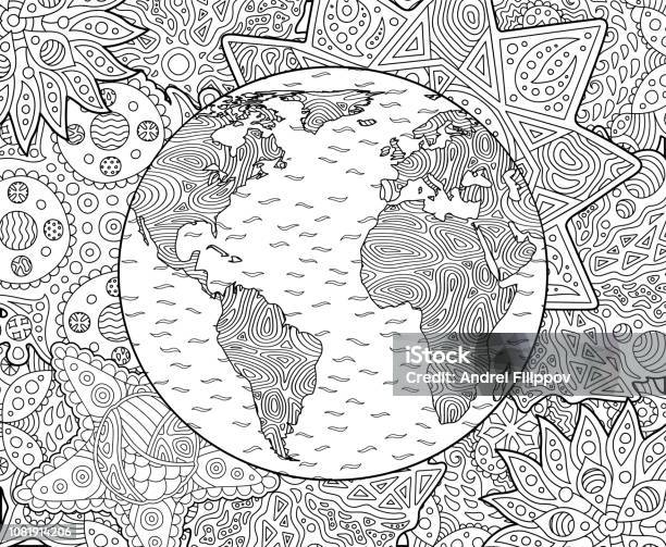 Adult Coloring Book Page With Planet Earth Stock Illustration - Download Image Now - Coloring Book Page - Illlustration Technique, Planet Earth, Coloring