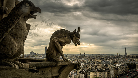 Gargoyles or chimeras on the Cathedral of Notre Dame de Paris overlooking Paris, France. Gargoyles are the famous Gothic landmarks in Paris. Dramatic skyline of Paris with the vintage demon statues.
