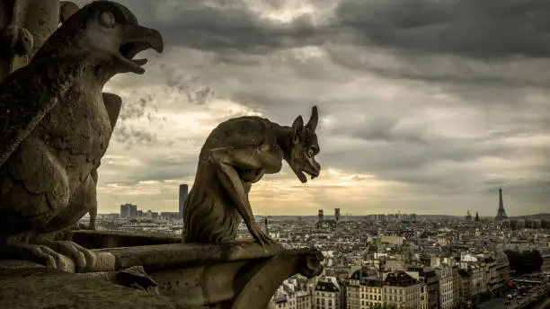 Photo of Gargoyles on the Cathedral of Notre Dame de Paris overlooking Paris, France