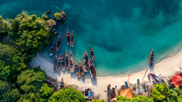 luftbild von der wasser-küste - zanzibar stock-fotos und bilder