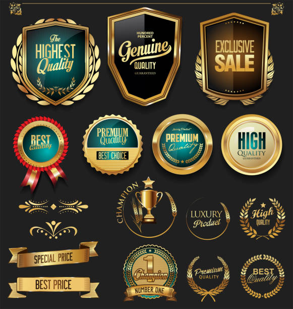 illustrazioni stock, clip art, cartoni animati e icone di tendenza di collezione di elementi di design in oro e nero di lusso - seal stamper business medal certificate