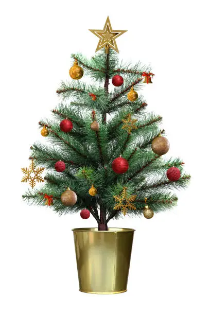 Decorated christmas tree with red and golden ball in the pot isolated on white background