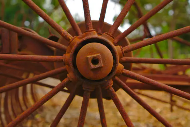 Photo of old abandoned metal wheel of farm machinery from 19th century