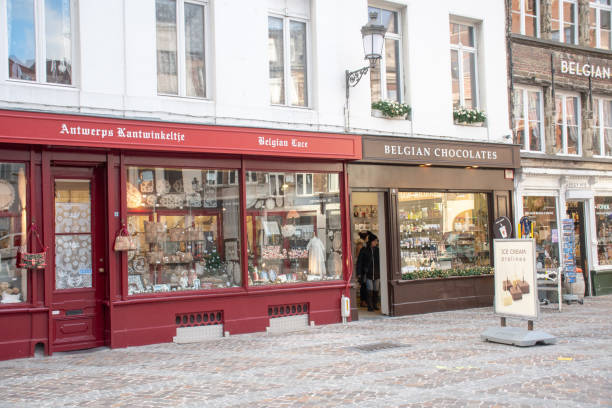 Selection of chocolate in a row, shop in Belgium.