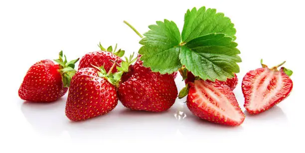 Berry strawberry with green leaf Fruity still life, isolated on white background.