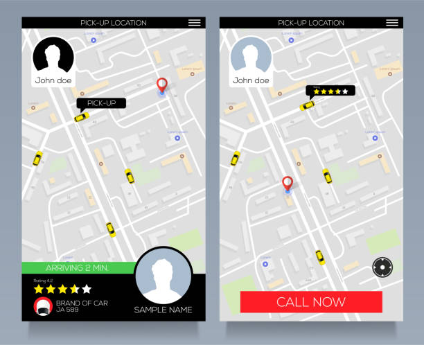 yer hizmet kavramı. taksi hizmeti app üstünde hareket eden telefon almak. smartphone ile taksi tut. vektör eps10 - taksi stock illustrations