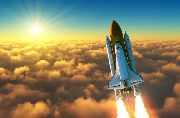 Flight Of The Space Shuttle Above The Clouds In The Rays Of The Rising Sun. 3D Illustration.