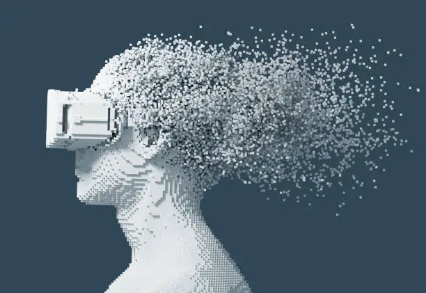 Photo of Digital Man Wearing Virtual Reality Glasses Disintegrates On 3D Pixels