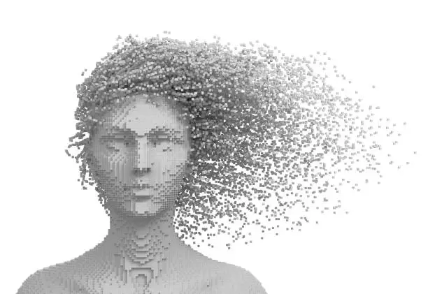 Pixelated Head Of Woman And 3D Pixels As Hair Isolated On White Background . 3D Illustration.