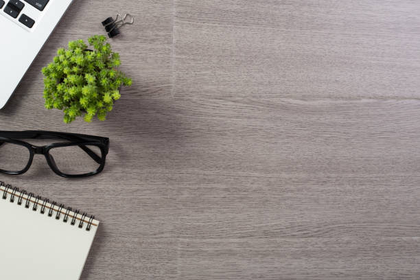 istock Wood Office Desk Table Top View 1081932360