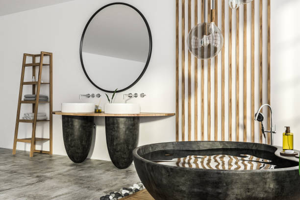 istock White bathroom corner, round tub and sink 1081932606