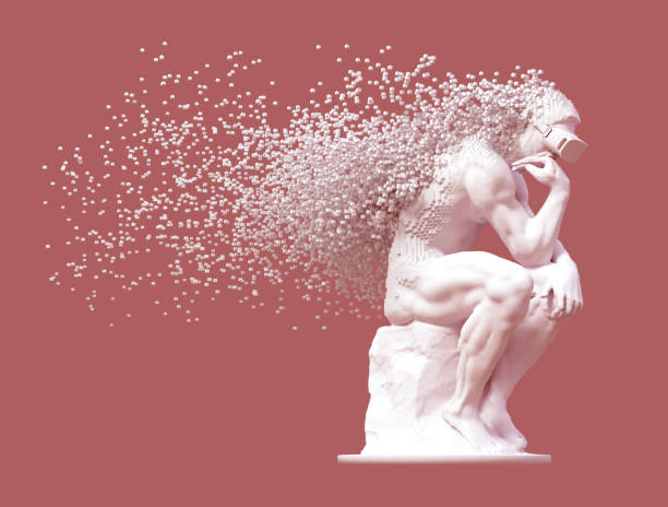 istock Sculpture Thinker With VR Glasses Desintegrated Into 3D Pixels On Pink Background 1081933052