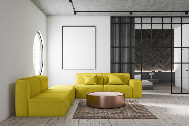 istock Living room with yellow sofa and poster 1081936814