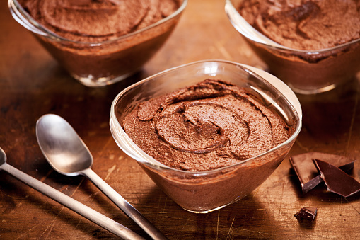small pots of homemade dark chocolate mousse