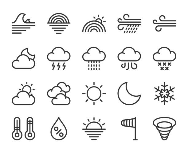 ilustrações, clipart, desenhos animados e ícones de tempo - linha ícones - thunderstorm rain sun lightning