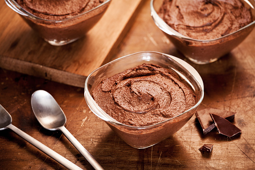 small pots of homemade dark chocolate mousse