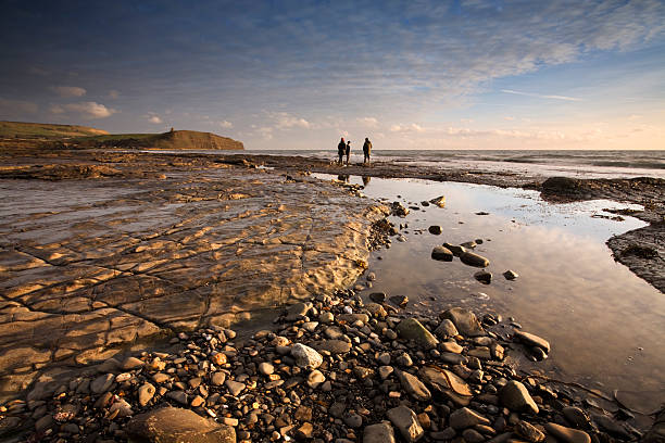 Looking Out Towards Kimmeridge Bay with Family Walking Dog  jurassic coast world heritage site stock pictures, royalty-free photos & images