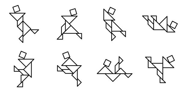 Bекторная иллюстрация Набор простых набросков танграммы людей в различных действий танец для создания дизайна значок вектор