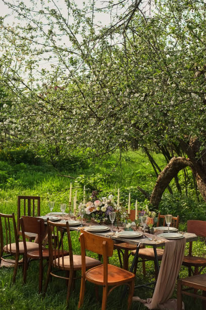 istock wedding decorated table, decor wedding dinner in nature in the garden 1081947640