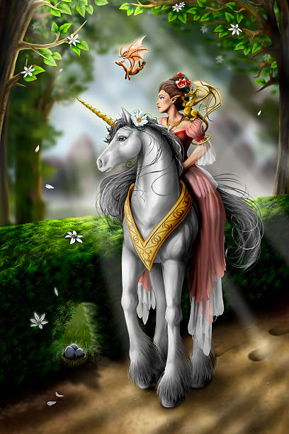 Raster Illustration depicting a female elf riding a unicorn, while accompanied by two small dragons. I created this piece by hand with a mouse in Photoshop CS2.