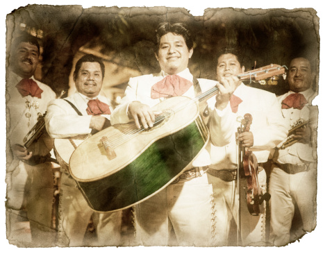 group of women playing mexican mariachi music, four women playing trumpet, violin, guitarron and guitar on a white background