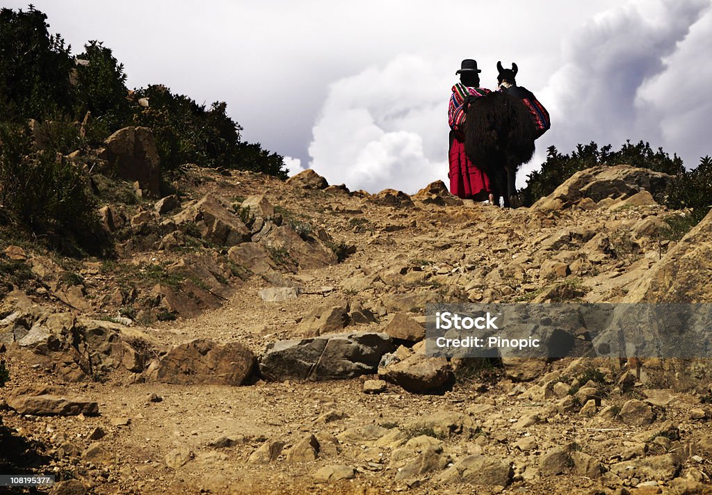 Aymara 女性と彼女のラマ - チチカカ湖のロイヤリティフリーストックフォト
