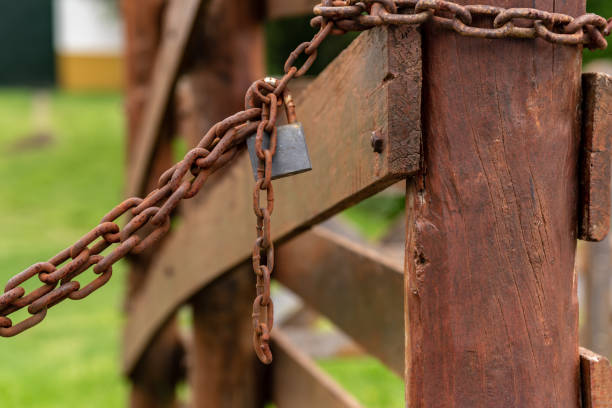 istock Padlock with a chain rusted on a wooden fence with grass background with selective focus on the padlock 1081953794