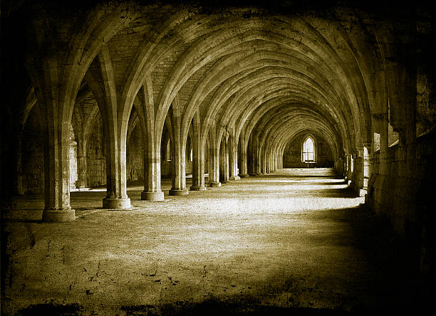 Historic church architecture in interior of arches in church hall