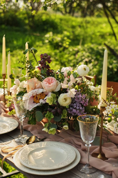 istock wedding decorated table, decor wedding dinner in nature in the garden 1081963290