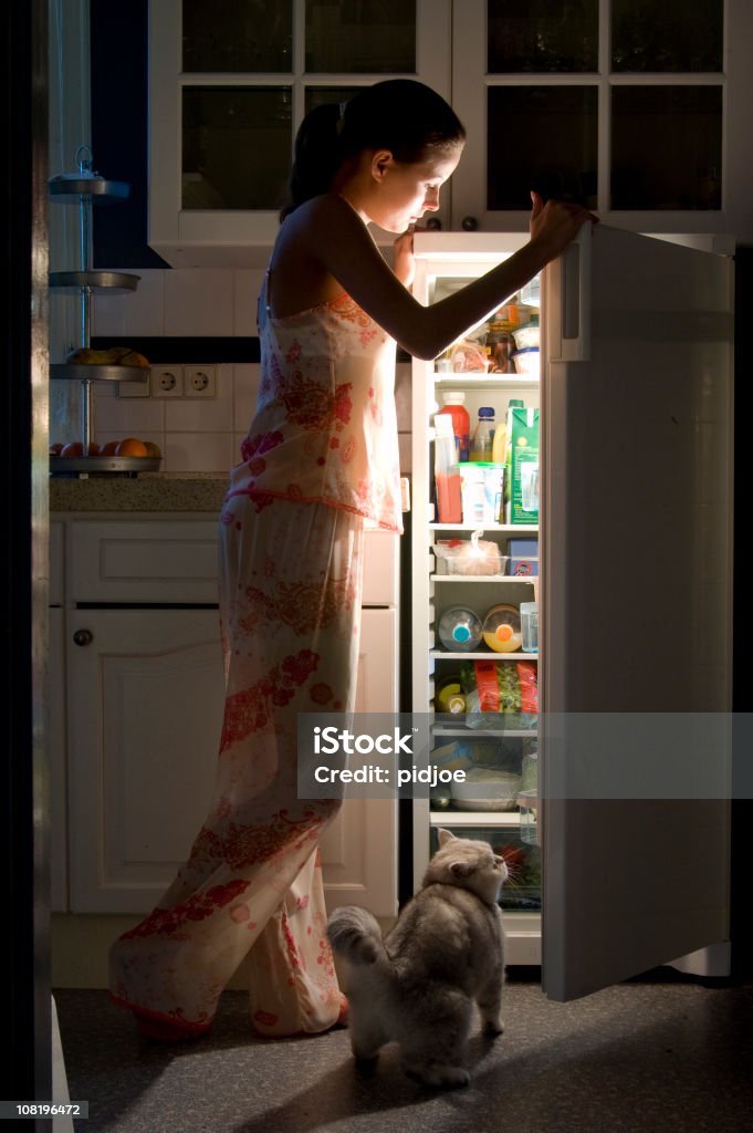 Ouverture du réfrigérateur, de nuit - Photo de Réfrigérateur libre de droits