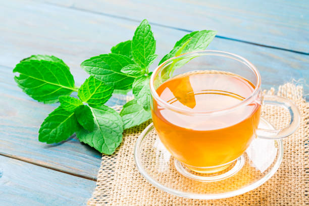 istock Cup of mint tea on blue wood textured background 1081969714