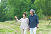 An old couple walking in the park