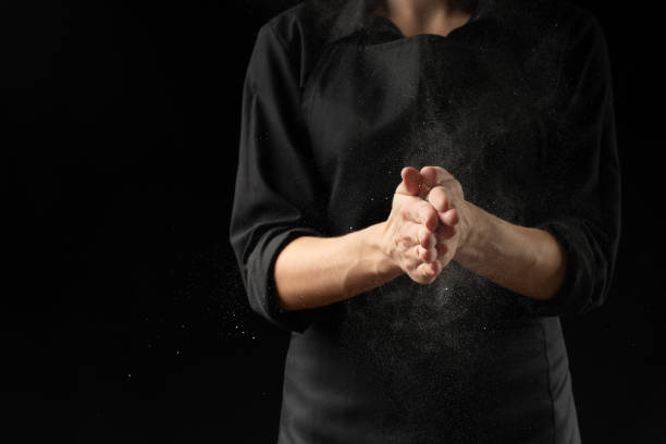 Chef, baker hands in flour over black background banner. Making pizza, pasta, baking bread and sweets. Design, menu, recipe book