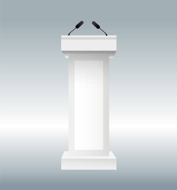 istock vector illustration of podium tribune with microphones isolated on transparent background. Art design rostrum stands. Abstract concept graphic element for business presentation, conference. 1081979370