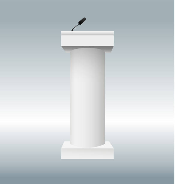 istock vector illustration of podium tribune with microphones isolated on transparent background. Art design rostrum stands. Abstract concept graphic element for business presentation, conference. 1081979592