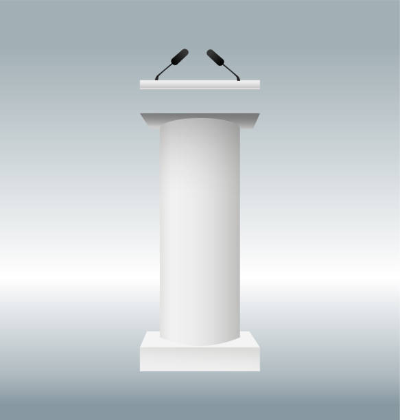 istock vector illustration of podium tribune with microphones isolated on transparent background. Art design rostrum stands. Abstract concept graphic element for business presentation, conference. 1081980606