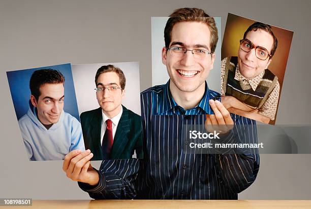 Foto de Homem Segurando Diferentes Fotografias De Si e mais fotos de stock de Pessoa autêntica - Pessoa autêntica, Variação, Identidade